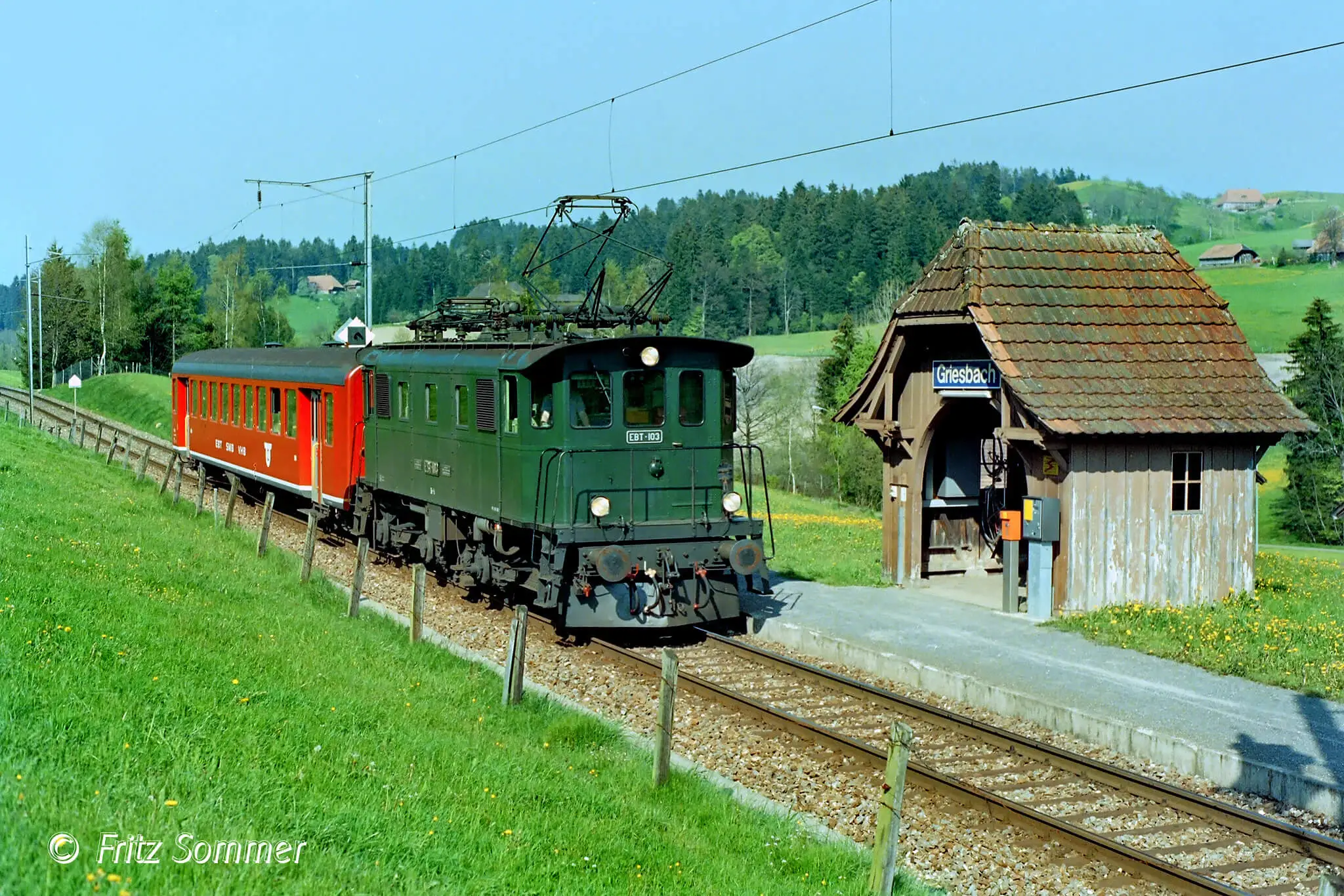 Be 4/4 103 an der kleinen Haltestelle Griesbach